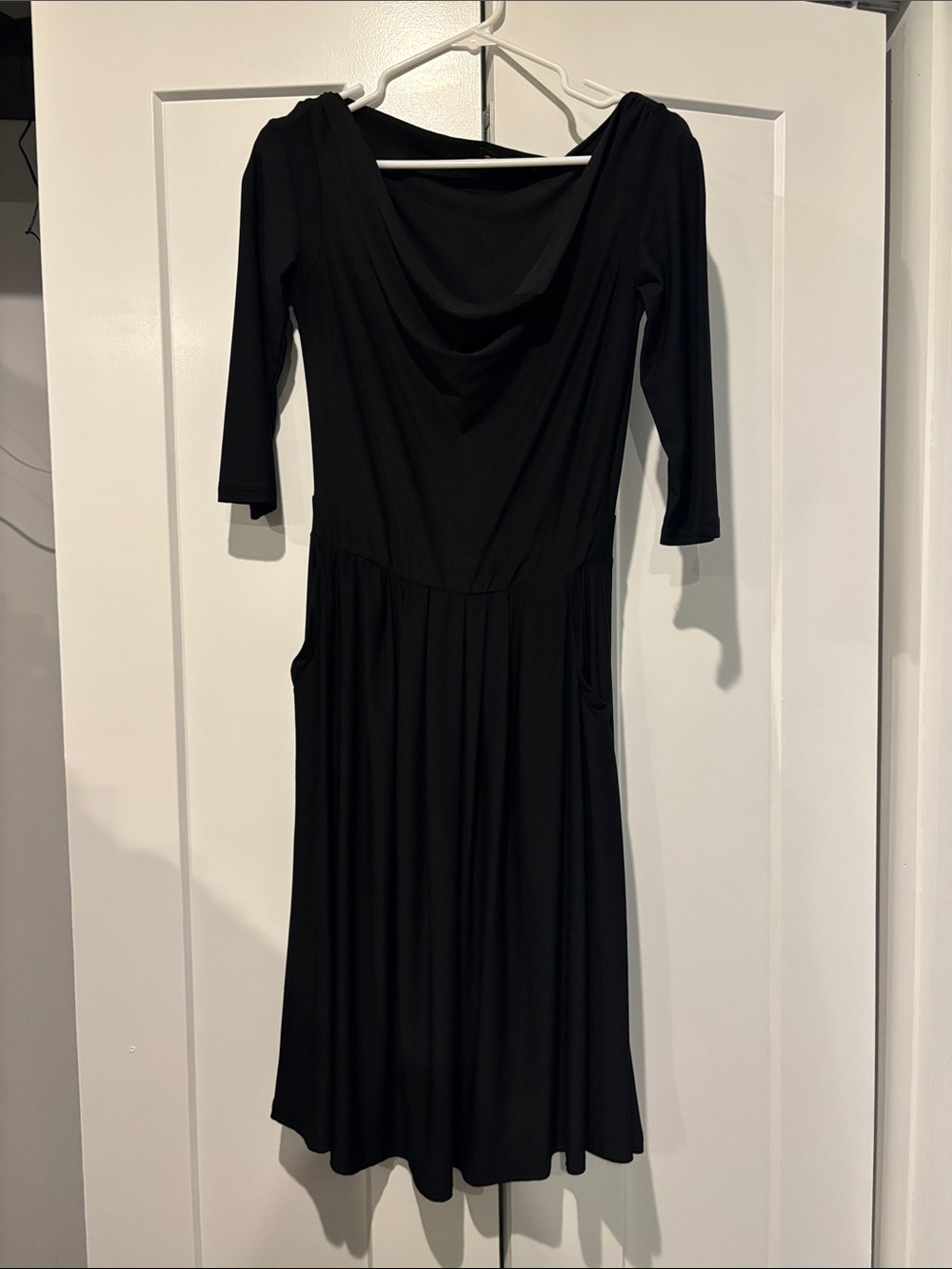 Reborn Black Draped Neck Long Sleeve Midi Dress
